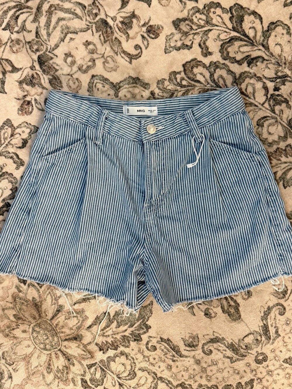 Mango Blue & White Striped High-Waist Denim Shorts